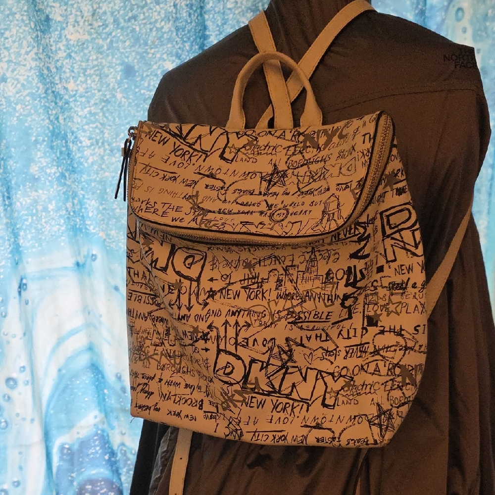 DKNY Urban Script Backpack in Black and Cream